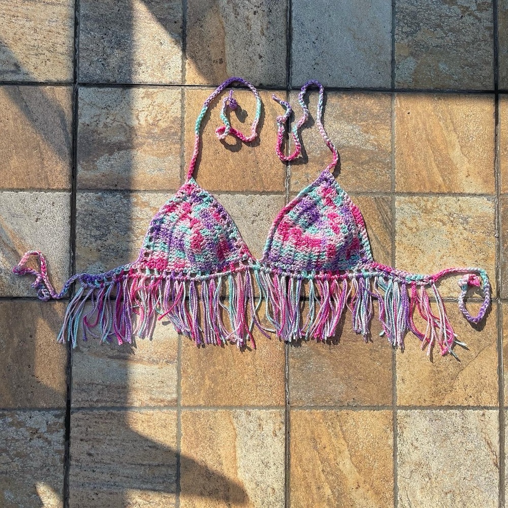 Handmade Multicolor Crochet Fringe Bikini Top | Festival Boho Wear | Adjustable